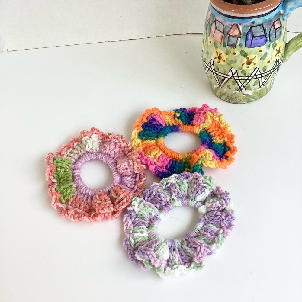 Hair Scrunchy Set Hand Crafted Colorful Spring Summer Crochet Purple Green - Picture 3 of 13